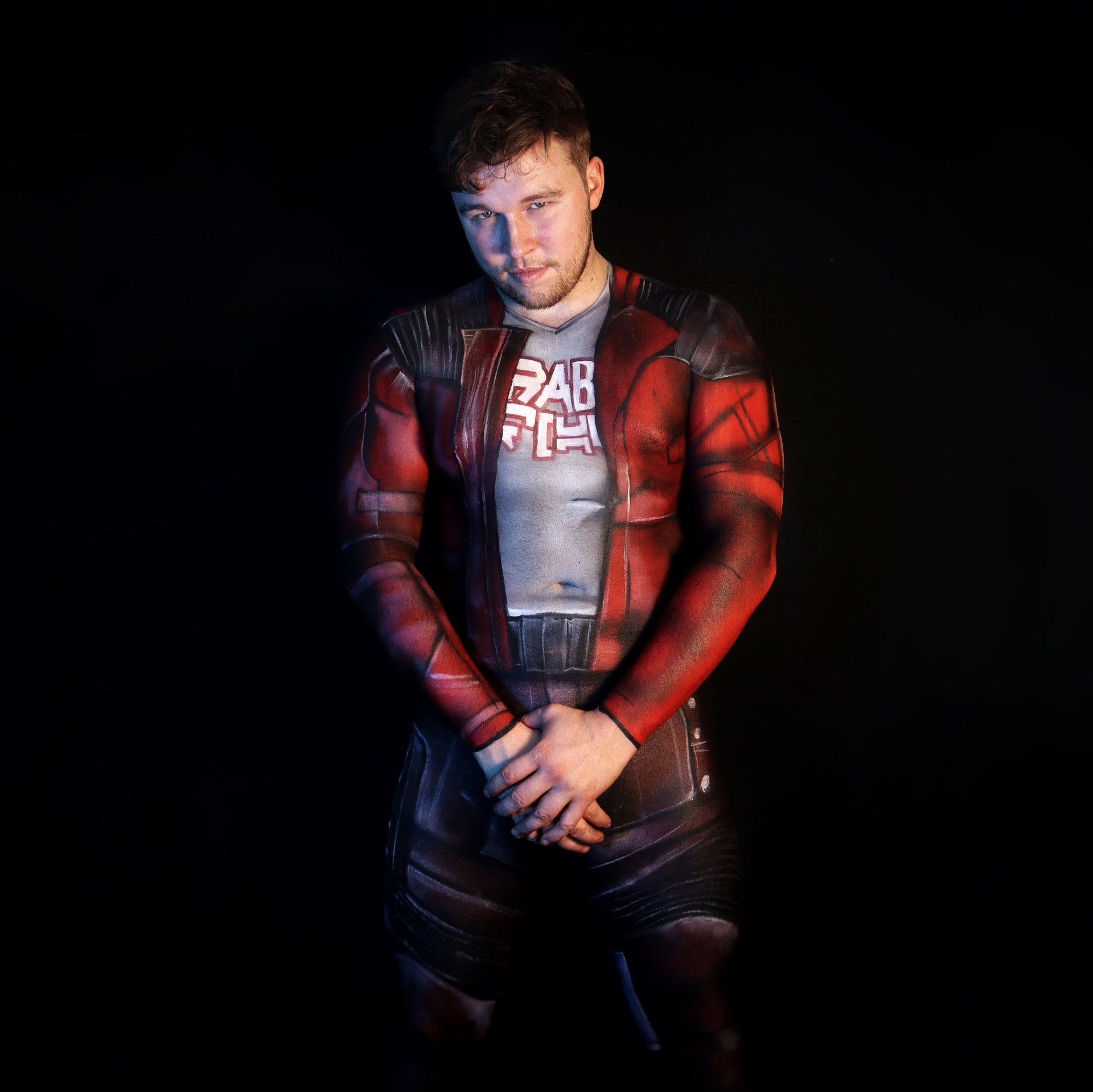Full body paint of STARLORD — Red leather armour painted directly on the body.